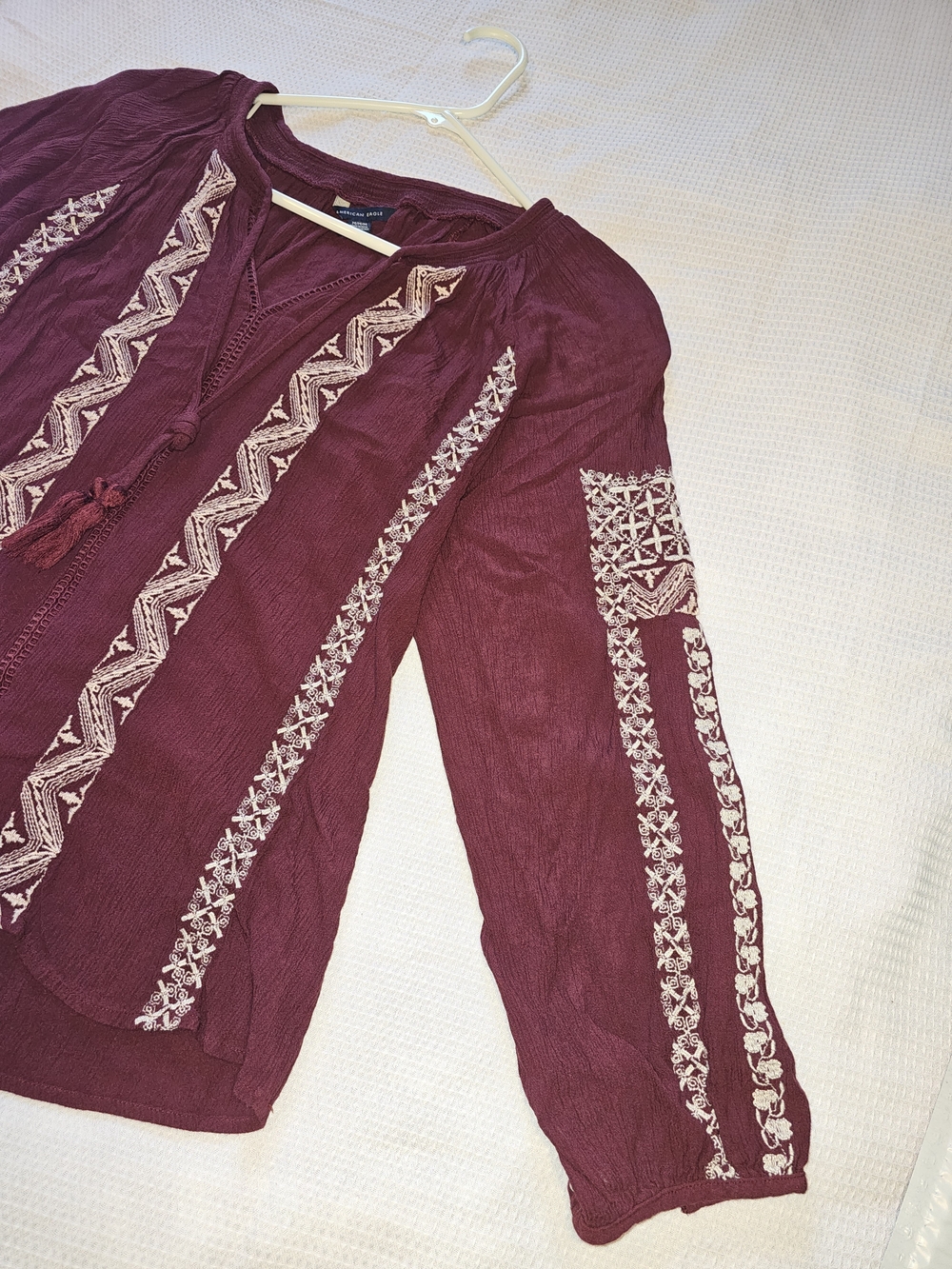 American Eagle Outfitters Burgundy Embroidered Tassel V-Neck Tunic - Picture 5 of 10
